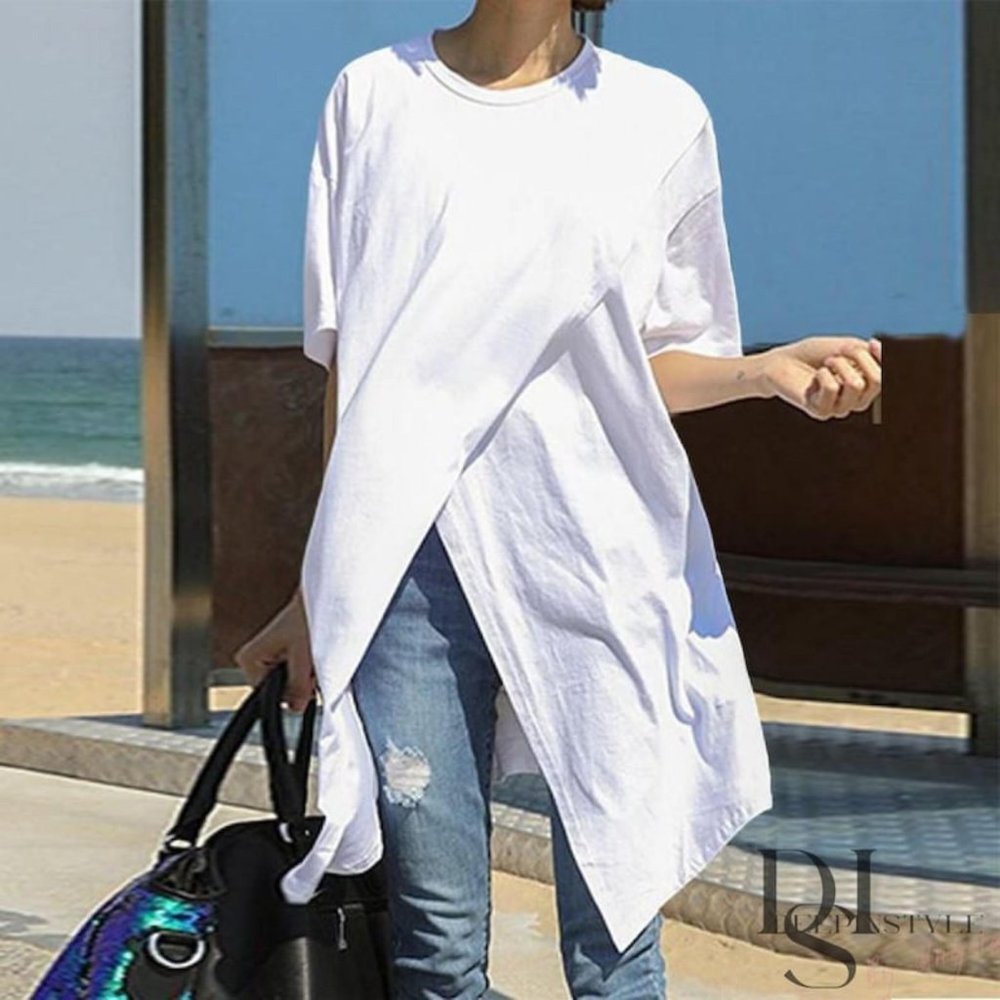 Avant Garde Long T-Shirt Tunic, Split Cross Front, Plus Size